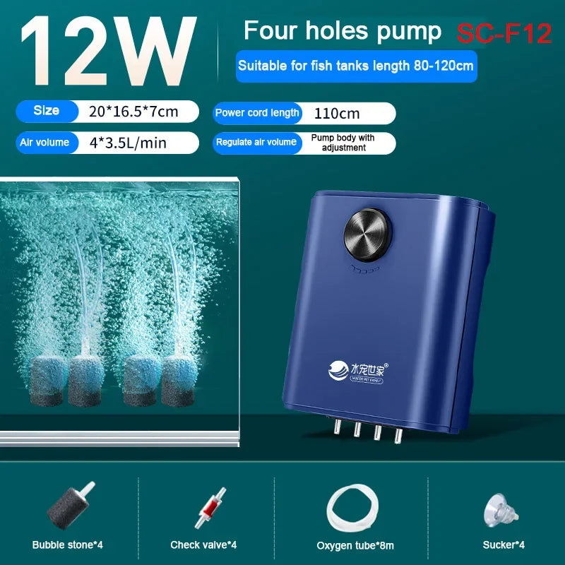 Silent Aquarium Oxygen Air Pump with Check Valve Fish Tank Four Outlet Large Oxygenator Aquarium Air Compressor Aerator 220V 14W